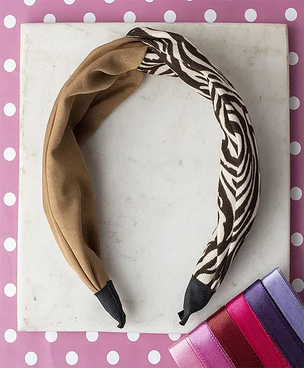 Jewelz Cute Zebra Printed & Solid Knotted Bow Hair Band - Brown