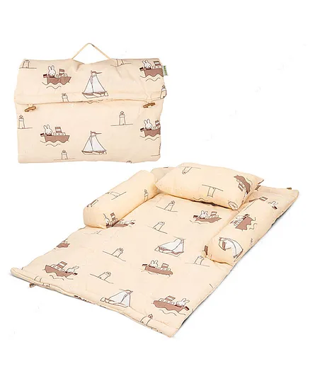 Baybee Printed Cotton Bedding Set for New Born Babies with Cushion Pillow, Two Fixed Bolsters & Suitcase Bag Baby Sleeping Bag Combo Gadda set - Beige
