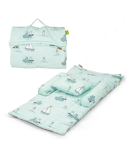 Baybee Printed Cotton Bedding Set for New Born Babies with Cushion Pillow, Two Fixed Bolsters & Suitcase Bag Baby Sleeping Bag Combo Gadda set - Green