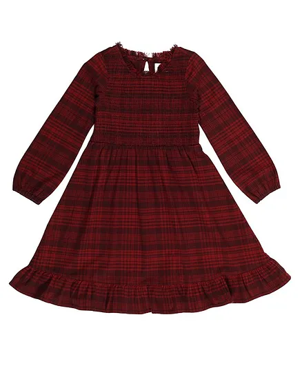 Young Birds Full Puffed Sleeves Fringed Neck Checked Gathered Dress - Jam Red