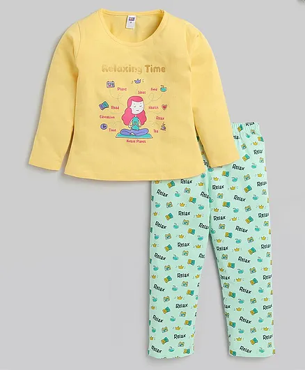 Nottie Planet Full Sleeves Relaxing Time Printed Night Suit - Yellow