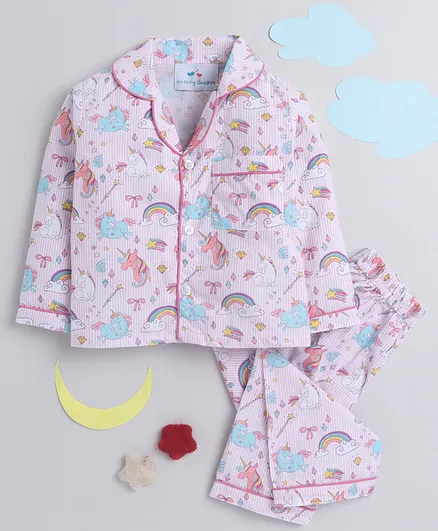 Buy Knitting Doodles Pure Cotton Full Sleeves Unicorn Rainbow With Clouds  Printed Striped Night Suit Pink White for Girls (2-3 Years) Online