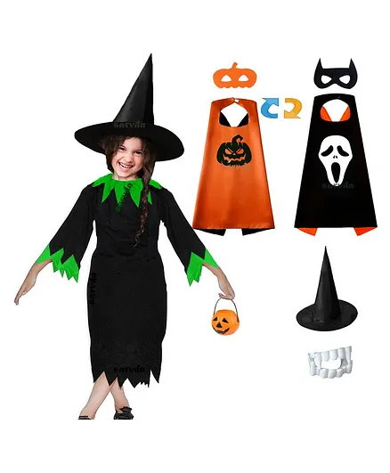 Sarvda California Horror Halloween Theme Cosplay Devil Witch Three Fourth Sleeves Costume Set  - Orange & Black