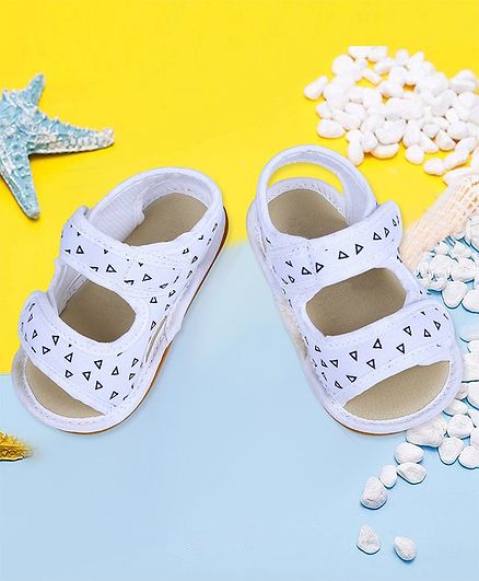 Baby Moo Triangle Printed Anti Skid Toe Open Booties - White