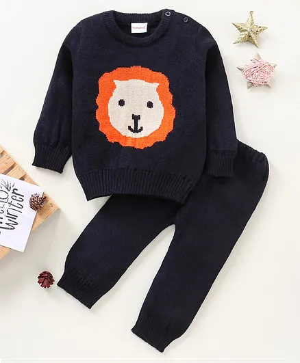 Babyhug Knit Full Sleeves Sweater Set Lion Design  - Navy