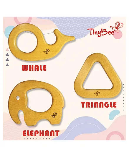 TinyBee Elephant Whale & Triangular Wooden Teethers Pack of  3- Brown