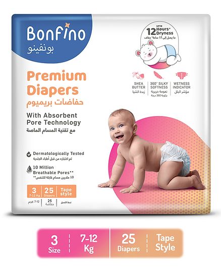 Bonfino Premium Tape Style Diapers With Absorbent Pore Technology Medium - 25 Pieces