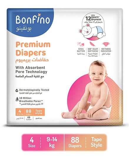 Bonfino Premium Tape Style Diapers With Absorbent Pore Technology Large - 88 Pieces