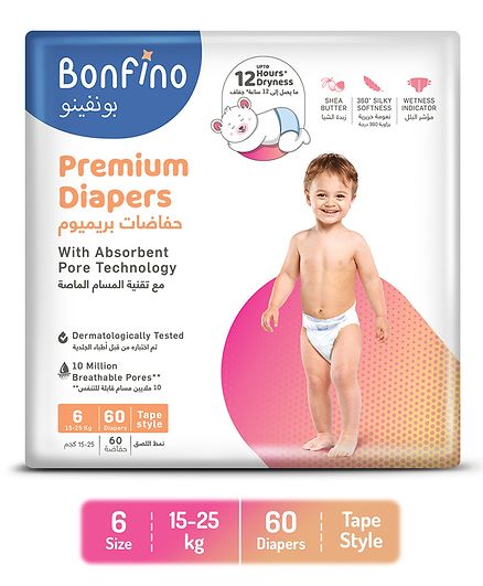 Bonfino Premium Tape Style Diapers With Absorbent Pore Technology Double Extra Large - 60 Pieces