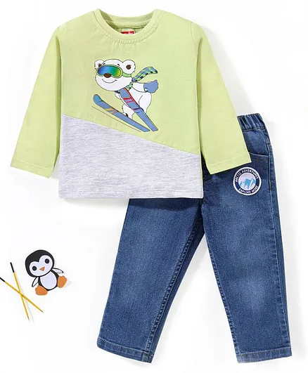 Babyhug Full Sleeves Cotton T-Shirt & Jeans Puppy Print - Green & Blue