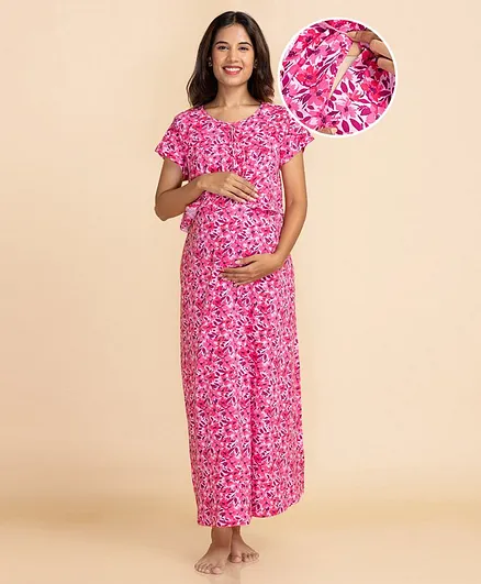 Bella Mama Half Sleeves Nursing & Maternity Nighty Floral Print - Pink
