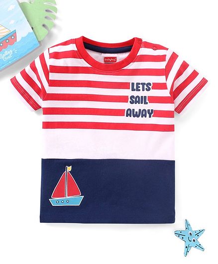 Babyhug Cotton Cut & Sew Half Sleeves T-Shirt With Stripes & Boat Print - Red & Navy