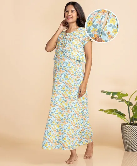 Bella Mama Half Sleeves Nursing & Maternity Nighty Floral Print - Light Blue