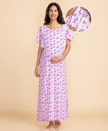 Bella Mama Half Sleeves Nursing & Maternity Nighty Floral Print - Pink