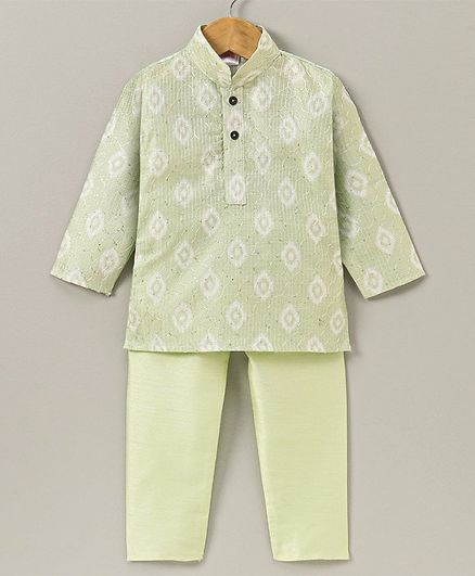 Ridokidz Full Sleeves Embroidered Design Detail Kurta With Pyjama - Green
