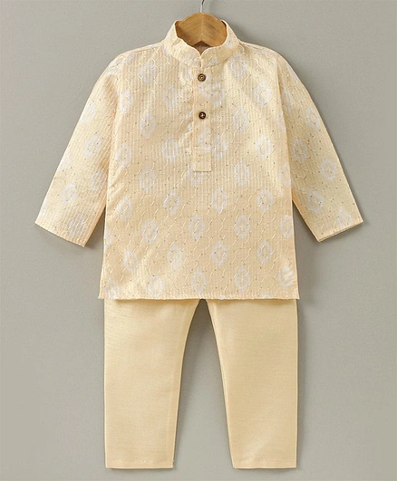 Ridokidz Full Sleeves Embroidered Design Detail Kurta With Pyjama - Light Yellow