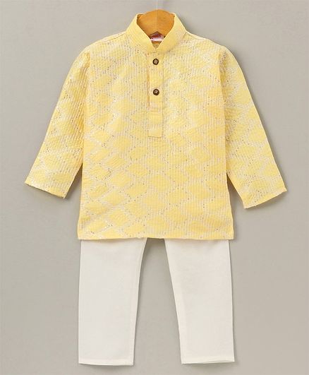 Ridokidz Full Sleeves Self Design Kurta And Pyjama - Yellow