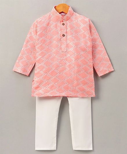 Ridokidz Full Sleeves Self Design Kurta And Pyjama - Pink