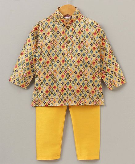 Ridokidz Full Sleeves Diamond Design Kurta With Pyjama - Yellow