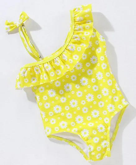 Babyhug Sleeveless V Cut Swimsuit Flower Print - Yellow