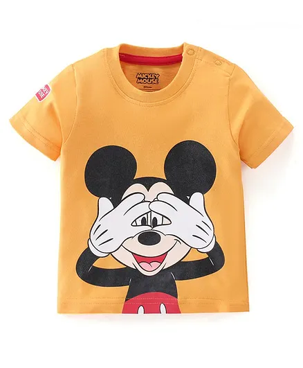 Babyhug Cotton Knit Half Sleeves T-Shirt Mickey Mouse Print - Orange