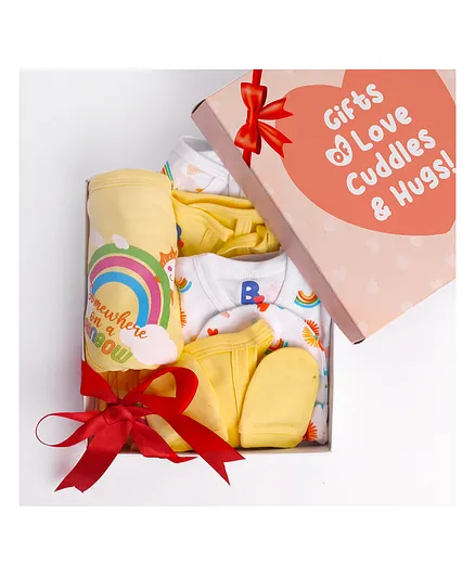 SuperBottoms Premium Newborn Gift Pack of Baby Wipes Mittens & Booties Beanie Bib Swaddle Jhabla - Yelllow