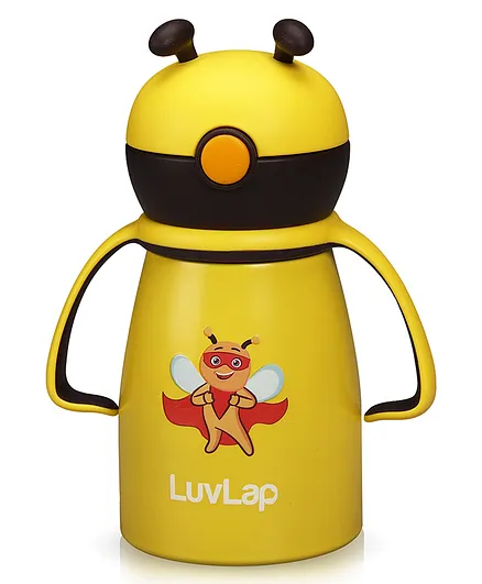 LuvLap Stainless Double Walled Steel Body Weighted Straw Sipper Bottle Bee Shape Yellow - 550 ml