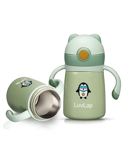 LuvLap Stainless Double Walled Steel Body Weighted Straw Sipper Bottle Penguin Shape Green - 300 ml