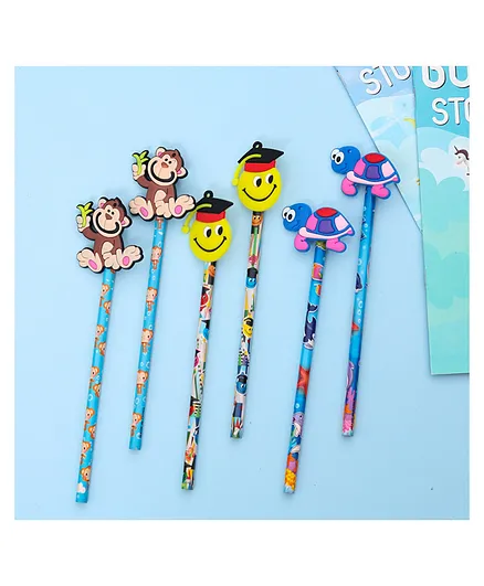 Yellow Bee Pencil with Motifs Pack of 6 - Blue