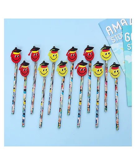 Yellow Bee Pencil with Smiley Motifs Pack of 12 - Yellow & Red