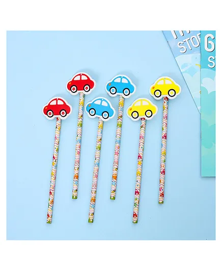 Yellow Bee Pencil with Car Motifs Pack of 6 - Blue Yellow Red