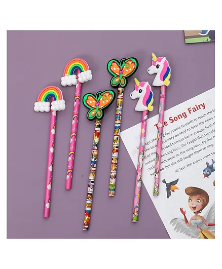 Yellow Bee Pencil with Unicorn Rainbow & Butterfly Motifs Pack of 6 - Pink