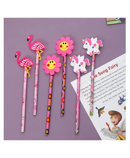 Yellow Bee Pencil with Unicorn Flower & Flamingo Motifs Pack of 6 - Pink