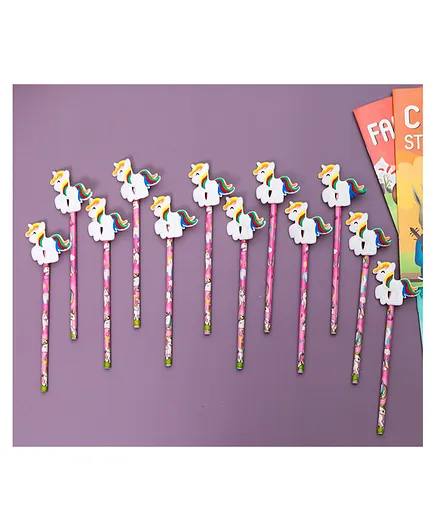 Yellow Bee Pencil with Unicorn Motifs Pack of 12 - Pink
