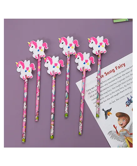 Yellow Bee Pencils with Unicorn Motifs  Pack of 6 - Pink