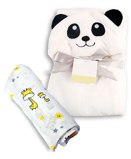 My NewBorn Panda Shaped Swaddle And Fleece Giraffe Print Baby Blanket Pack of 2 - Black And White