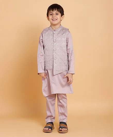 Piccolo Full Sleeves Solid Kurta With Pyjama And Floral Sequins Embellished Jacket - Lavender