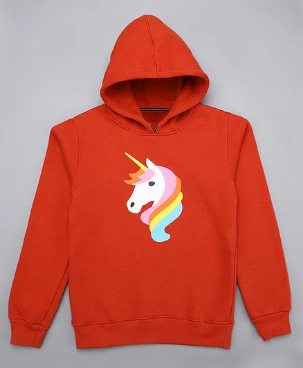 Little Jump Full Sleeves Unicorn Printed Fleece Hoodie - Red