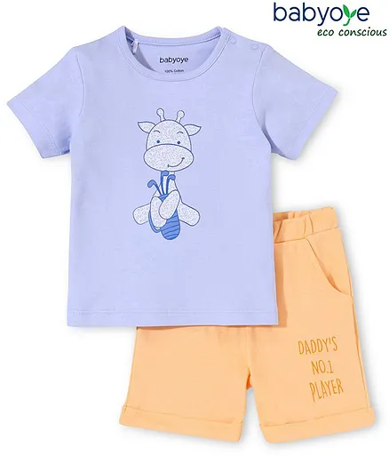 Babyoye Eco-Conscious 100% Cotton with Eco Jiva Finish Half Sleeves T-Shirt and Short Set Cartoon Print- Blue Orange