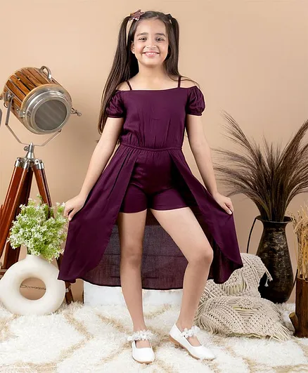 Kids Cave 100% Rayon Half Cold Shoulder Sleeves Solid Mock Flared Dress Styled Jumpsuit - Purple