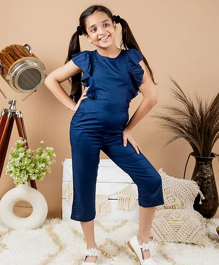 Kids Cave 100% Rayon Short Frill Sleeves Flounce Detailed Bodice Solid Jumpsuit - Blue