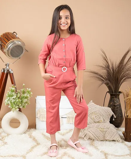 Kids Cave Three Fourth Sleeves Solid Button Down Jumpsuit - Orange