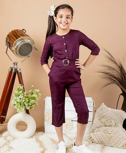 Kids Cave Three Fourth Sleeves Solid Button Down Jumpsuit - Purple