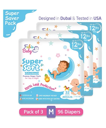 Fabie Baby Pant Style Diaper Medium Size Pack of 3 - 96 Pieces
