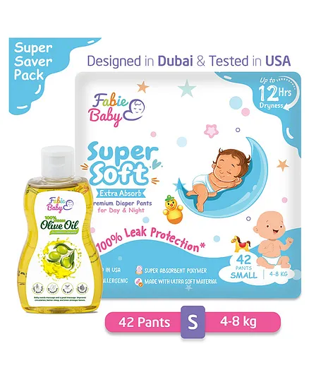 Fabie Baby Small Pant Style Diaper Pack of 42 with Baby Spanish Olive Oil - 200 ml