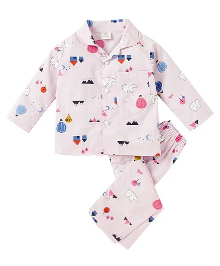babywish 100% Cotton Full Sleeves Bear Print Night Suit  - Peach