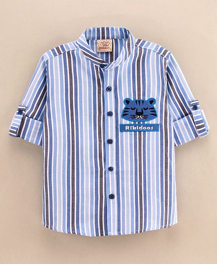 Rikidoos Full Sleeves Candy Striped & Tiger Face Embroidered Shirt - Blue