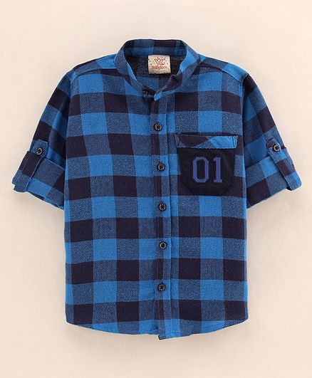 Rikidoos Full Sleeves Buffalo Checked & Number Embroidered Shirt - Navy Blue