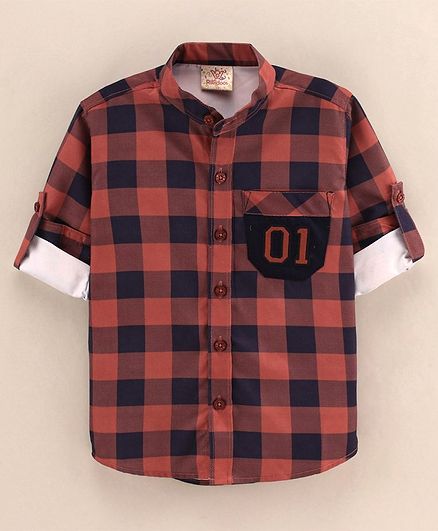 Rikidoos Full Sleeves Buffalo Checked & Number Embroidered Shirt -  Orange & Blue