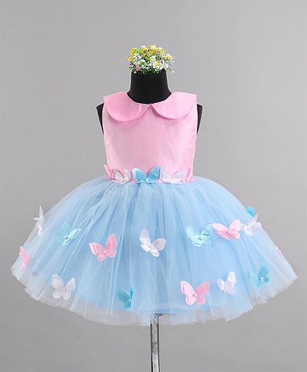 Rassha Sleeveless  Butterfly Applique Flared Party Dress - Pink & Blue